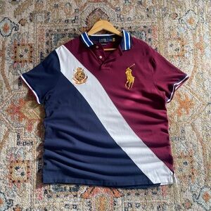 Polo by Ralph Lauren Men's Maroon, Navy, and White Polo Shirt